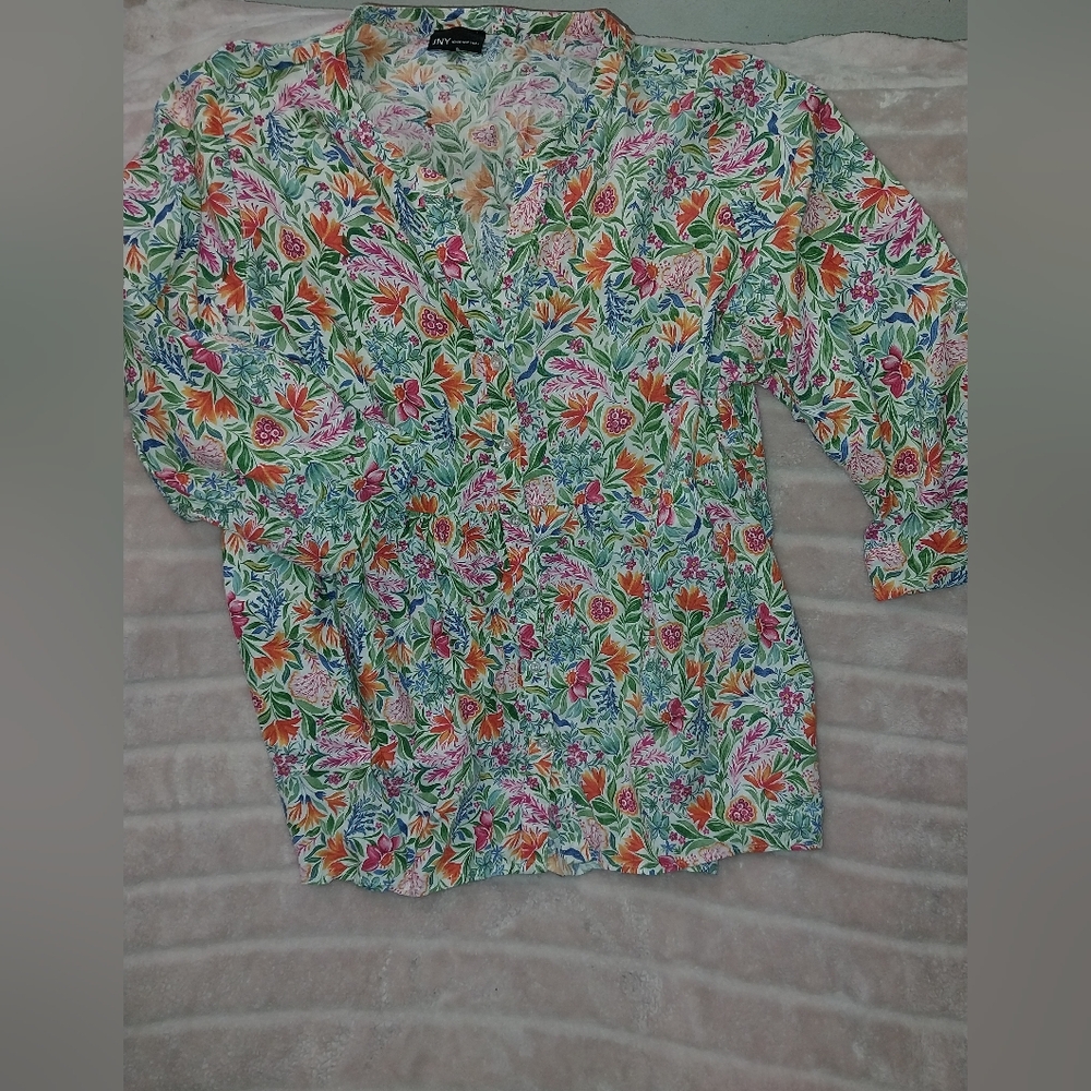 Jones New York Vibrant Floral Blouse - Green, Pink, Orange